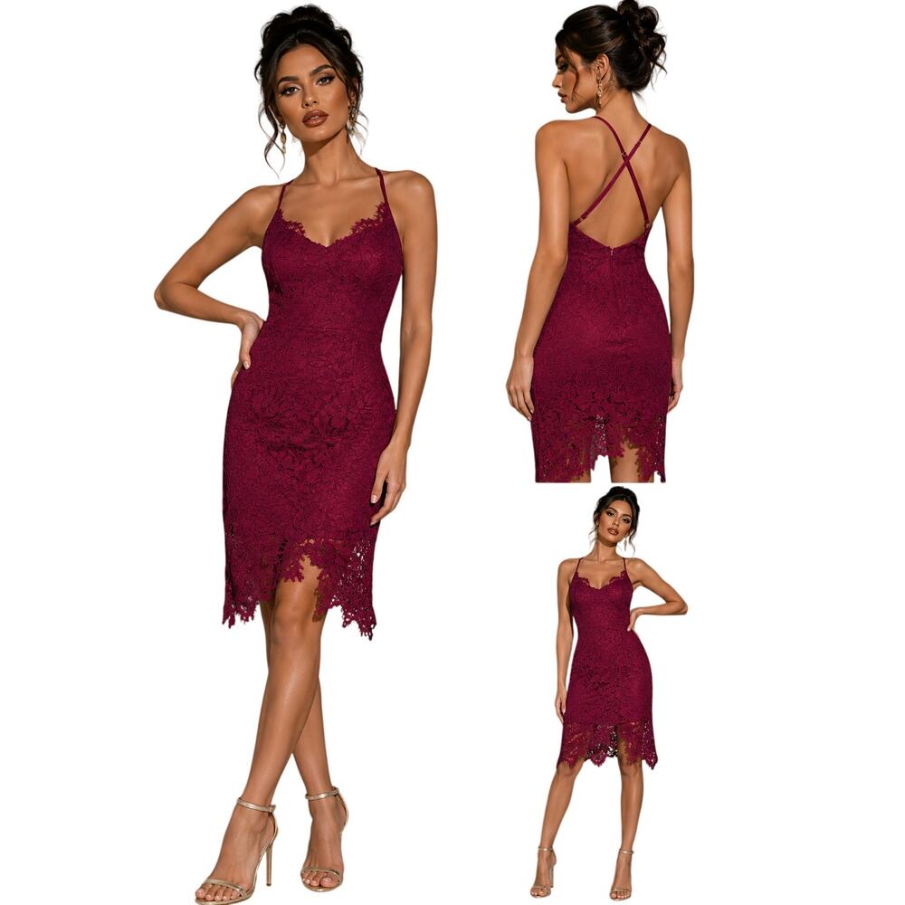 Lulus Flirting With Desire Lace Dress Small Burgundy Open Back Cocktail Party